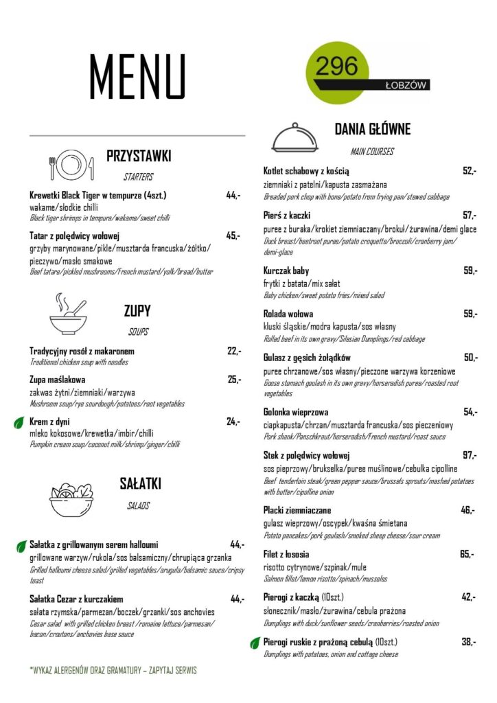 Łobzów 296 - menu - Dania główne, przystawki, zupy