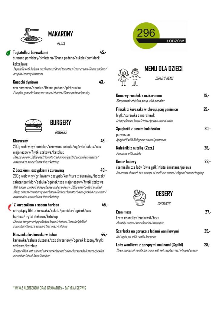 Łobzów 296 - menu - Burgery, menu dla dzieci