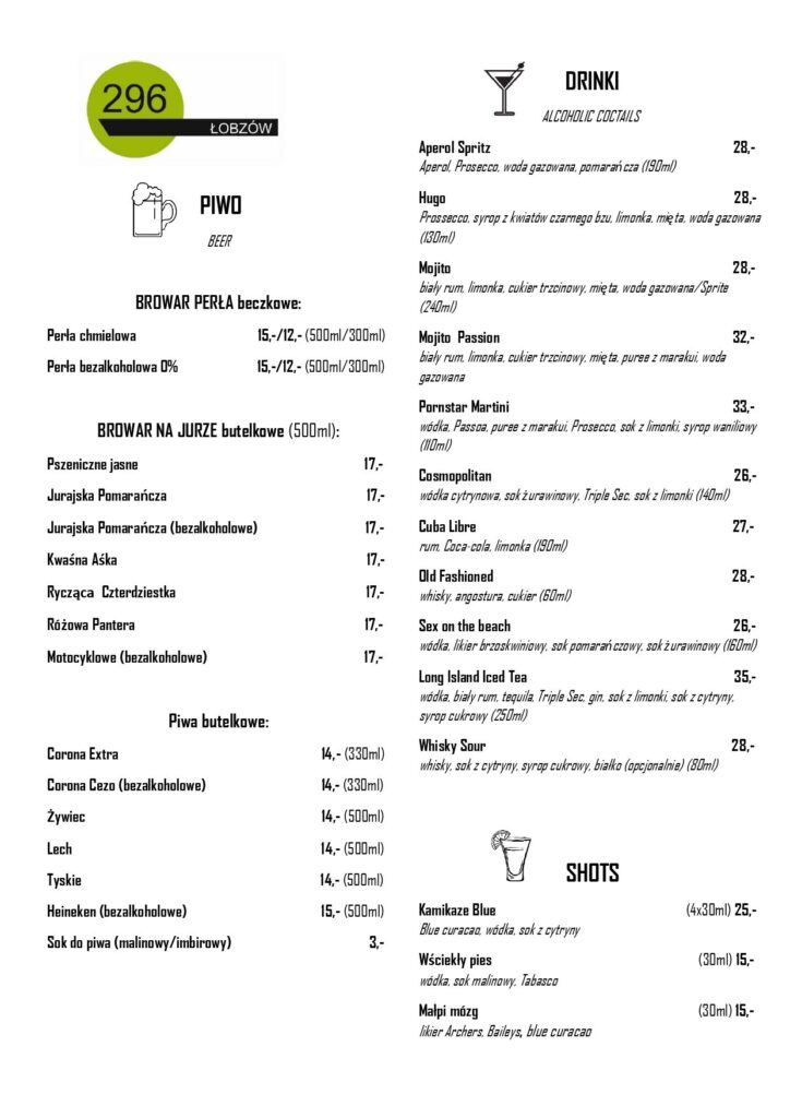 Łobzów 296 - menu - Piwa Drinki